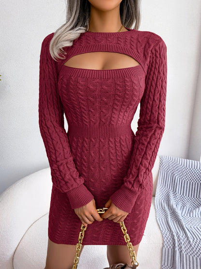 Solid Ribbed Knit Keyhole Dress, Elegant Crew Neck Long Sleeve Bodycon Dress, Women's Clothing NovaCart