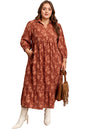 Cinnamon Plus Size Textured 3D Flower Pattern Ruffle Hem 3/4 Sleeve Long Dress Garden Naked Curves