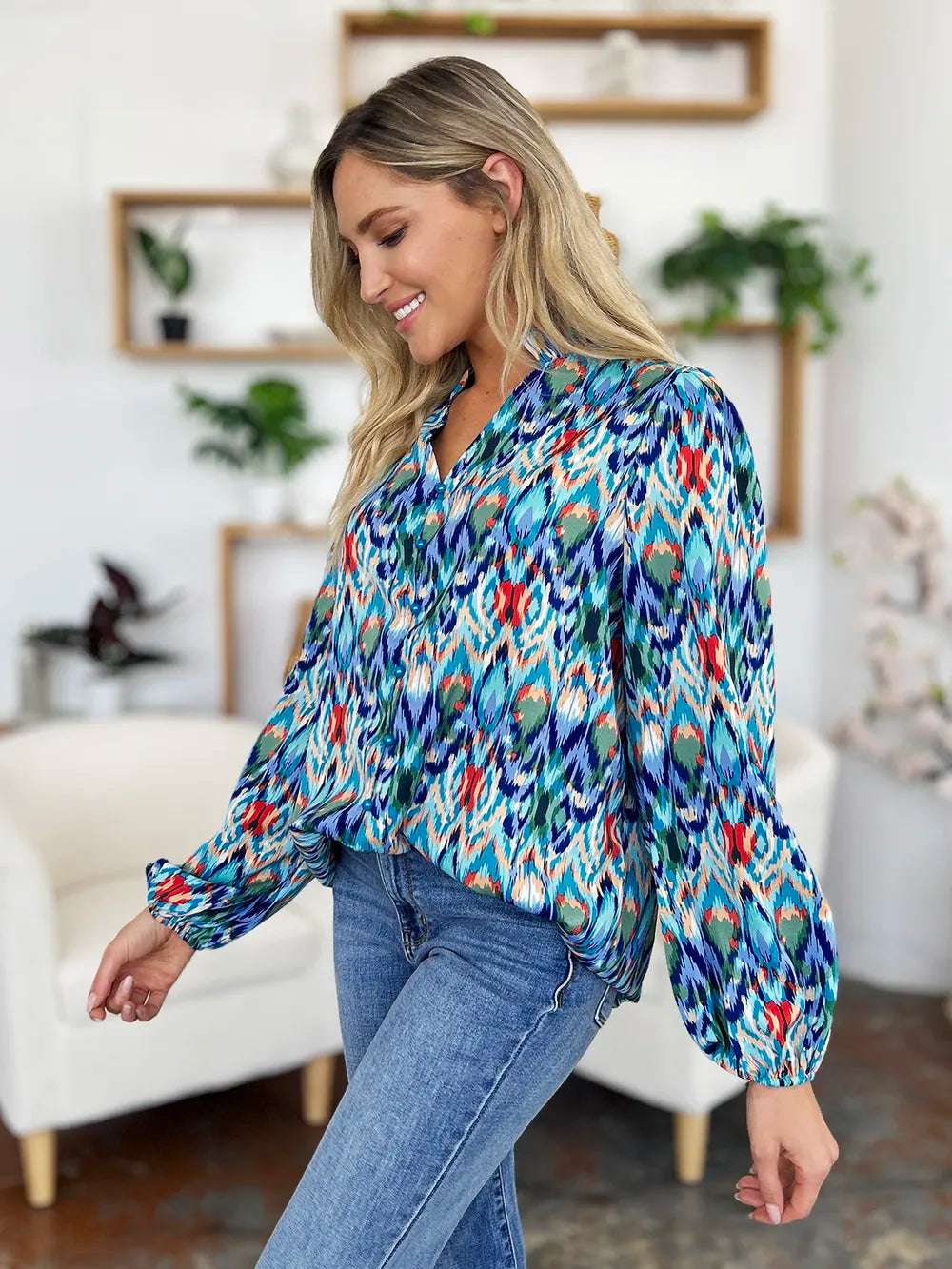 Double Take Full Size Printed Balloon Sleeve Blouse New Era Fashion LLc