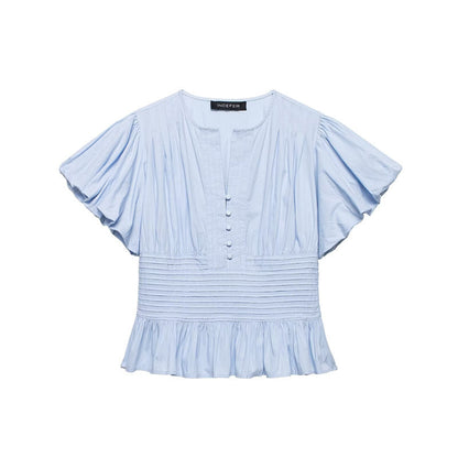 Women's Ruffle-Trim Puff-Sleeve Blouse Top – Slim-Fit Elegant FitiqueFit