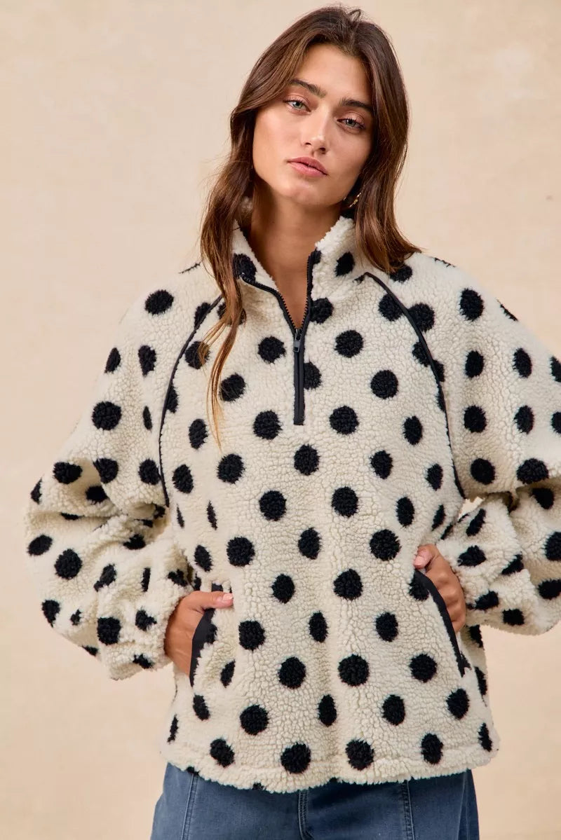 BiBi Polka Dot Sherpa Half Zip Up Top with Side Pocket FitiqueFit
