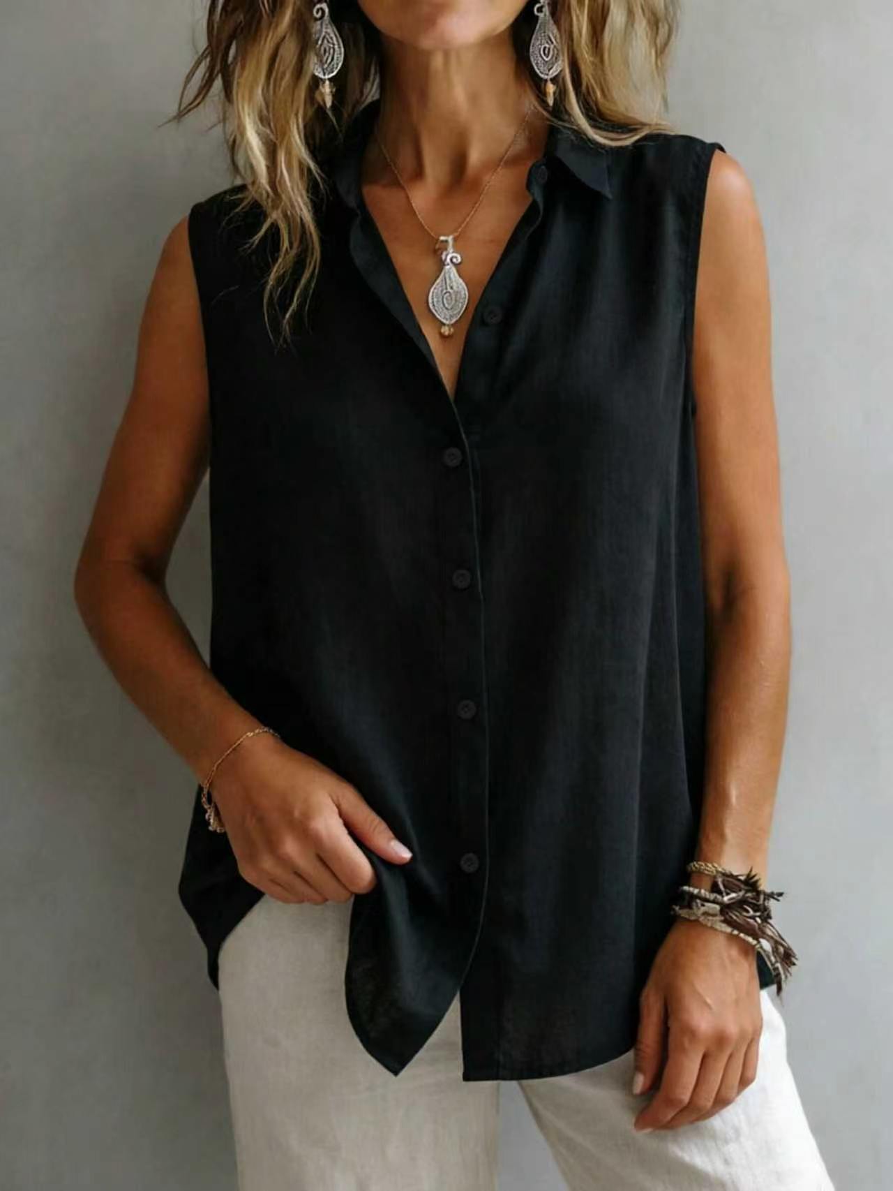 Women's Solid Color Lapel Sleeveless Top FitiqueFit