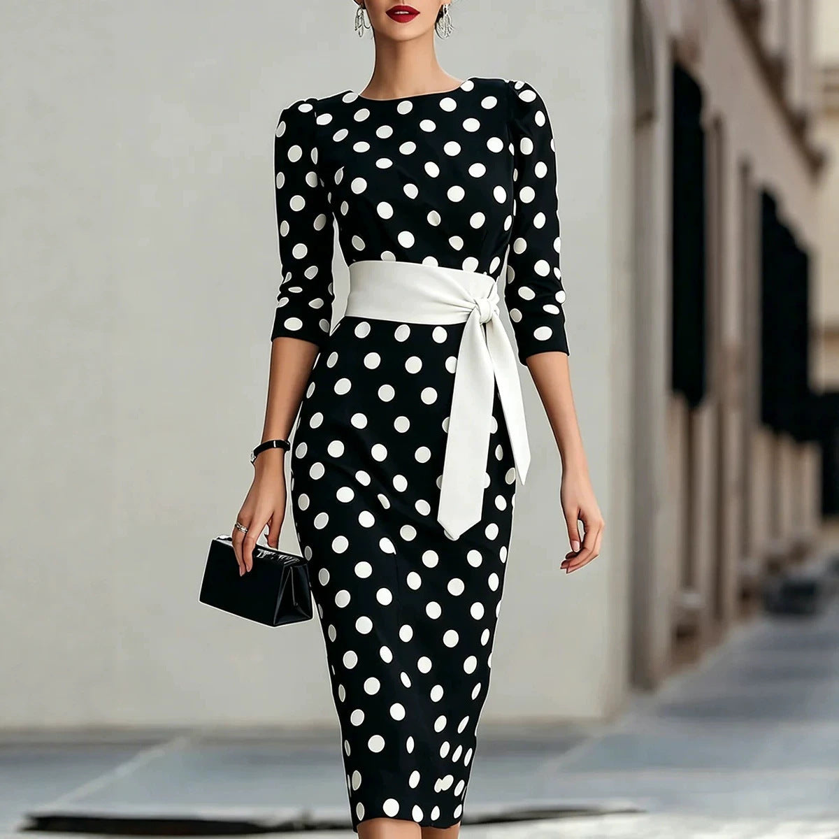 Women's Retro Polka-Dot Bodycon Midi Dress – Belted Cross-Tie FitiqueFit