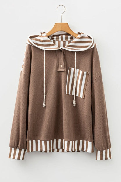 Stripe Patchwork Waffle Knit Buttoned Hoodie Shop Style & More | Fresh Looks, Everyday Deals & Free Shipping
