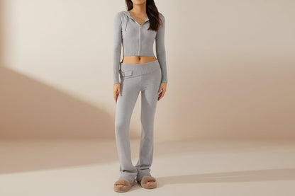 Women’s Knitted Hooded Two-Piece Set – Cardigan & High-Waisted Pants Suit FitiqueFit