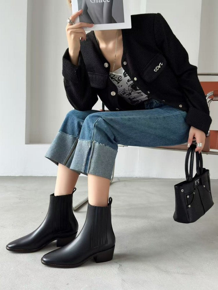 Women’s Retro Square-Toe Mid-Heel Chunky Leather Boots FitiqueFit