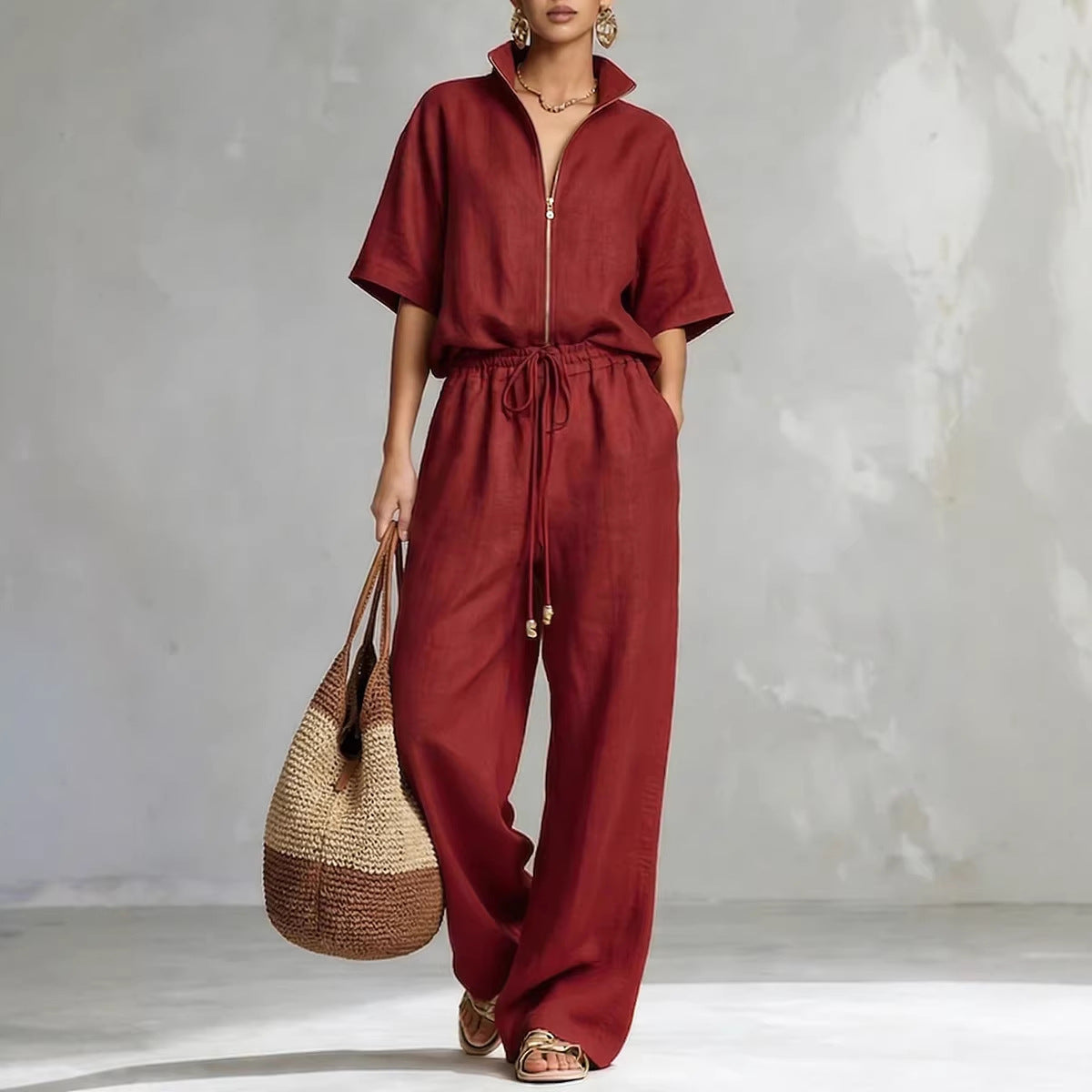 Women's Zip-Up Crew-Neck Top & Wide-Leg Pants Set FitiqueFit
