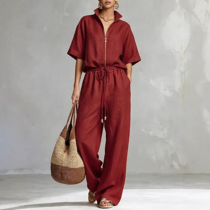 Women's Zip-Up Crew-Neck Top & Wide-Leg Pants Set FitiqueFit