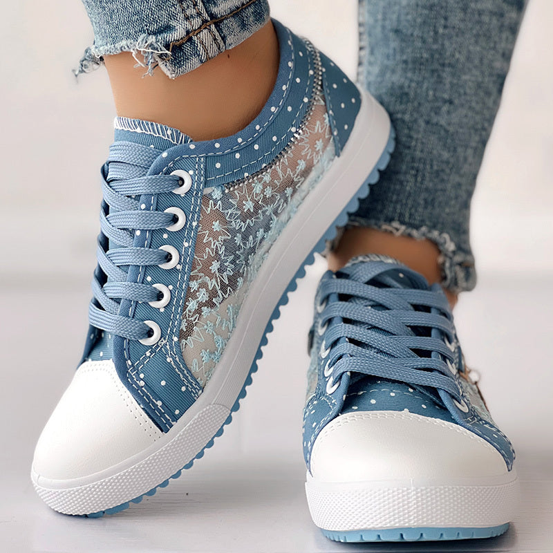 Floral Embroidered Polka Dot Print Sneakers — Women’s Casual Canvas Shoes FitiqueFit
