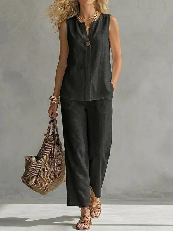 Women's Sleeveless V-Neck Top & Full-Length Pants Two-Piece Set FitiqueFit