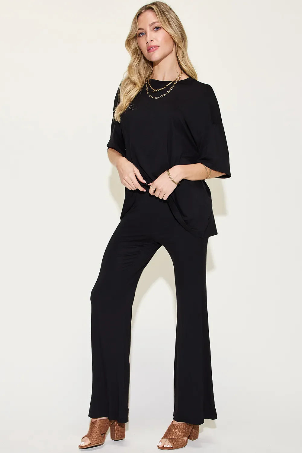 Basic Bae Full Size Bamboo Drop Shoulder T-Shirt and Flare Pants Set New Era Fashion LLc