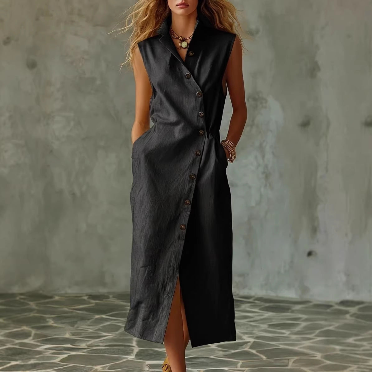 Women's Slim-Fit Sleeveless Stand Collar Pleated Midi Dress FitiqueFit