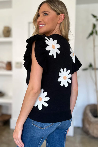 Double Take Full Size Ruffled Flower Round Neck Cap Sleeve Sweater New Era Fashion LLc