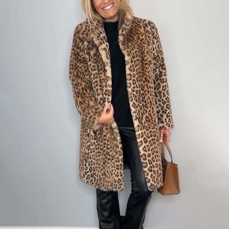 Leopard Print Plush Jacket — Cozy Loose-Fit Mid-Length Outwear FitiqueFit