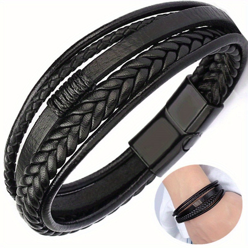 [Stylish Leather Bracelet] Stylish Durable 1pc Men's Hand-Woven Multi-Layer Leather Bracelet | with Buckle Closure, Versatile Accessory for Casual or Formal Wear NovaCart