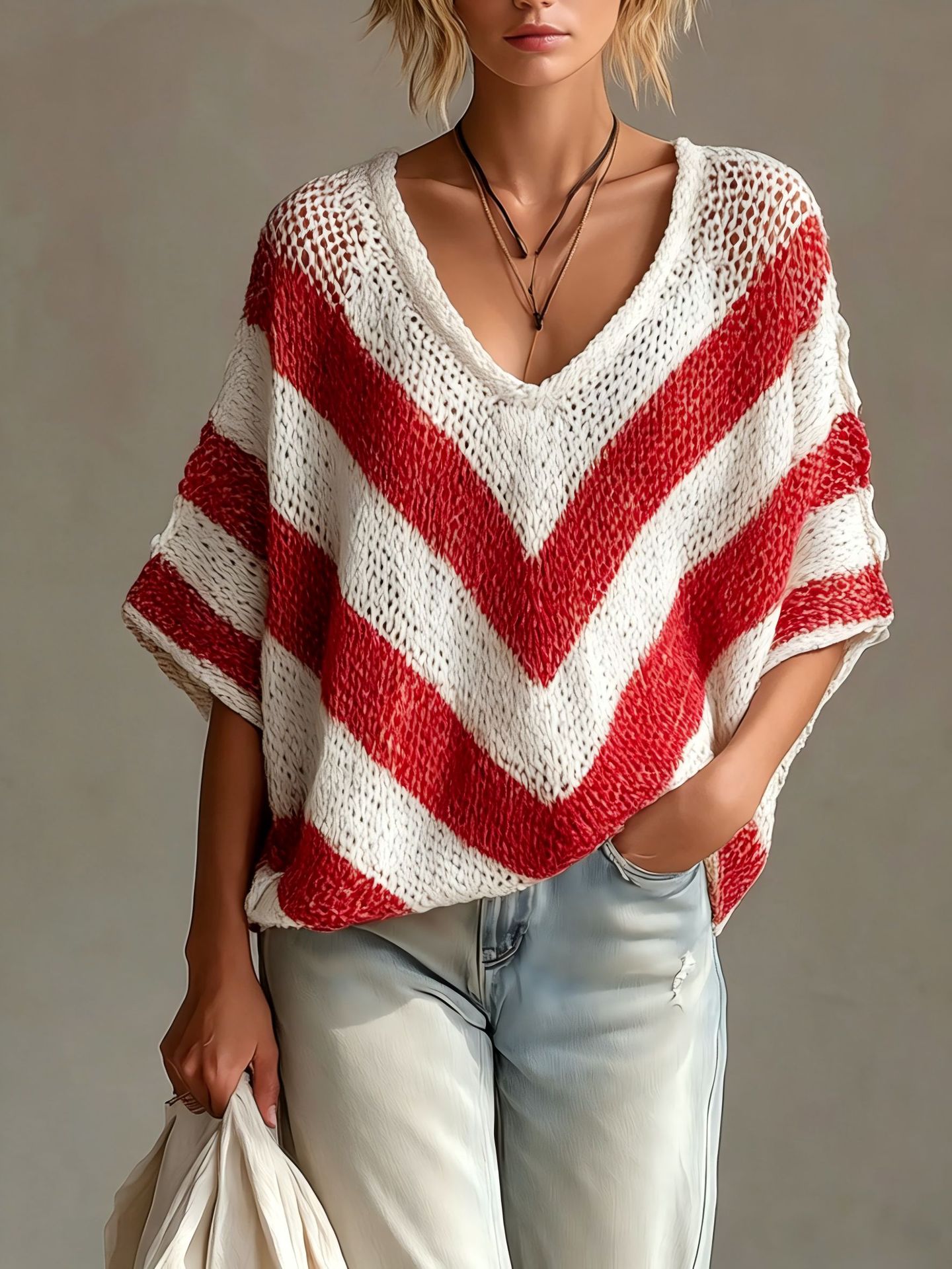 Women's V-Neck Knit Sweater – Loose Fit, Drop Shoulder, 3/4 Sleeve FitiqueFit