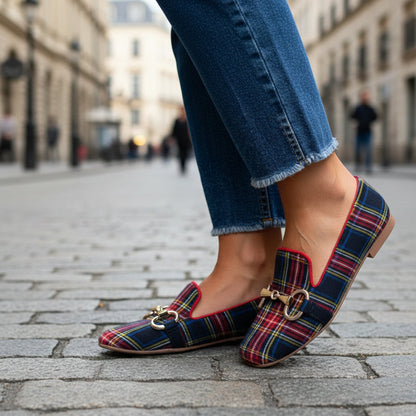 Women's Plaid Square Toe Flats – Buckle Casual Shoes in Red & Blue FitiqueFit