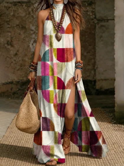 Women's Printed Halterneck Split Maxi Dress – Loose Fit Sleeveless FitiqueFit
