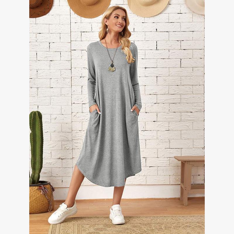 Women's Cotton Maxi Dress – Solid Color Long Sleeve A-Line with Pockets FitiqueFit