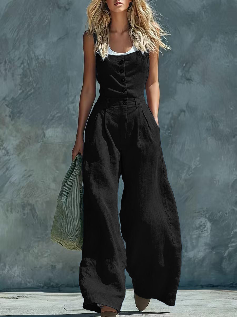 Women's Retro Button-Front High-Waist Wide-Leg Jumpsuit FitiqueFit