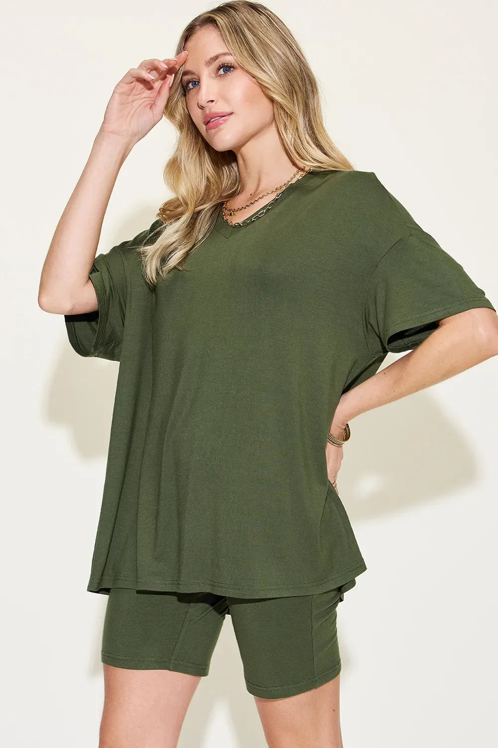 Basic Bae Full Size V-Neck Drop Shoulder T-Shirt and Shorts Set New Era Fashion LLc