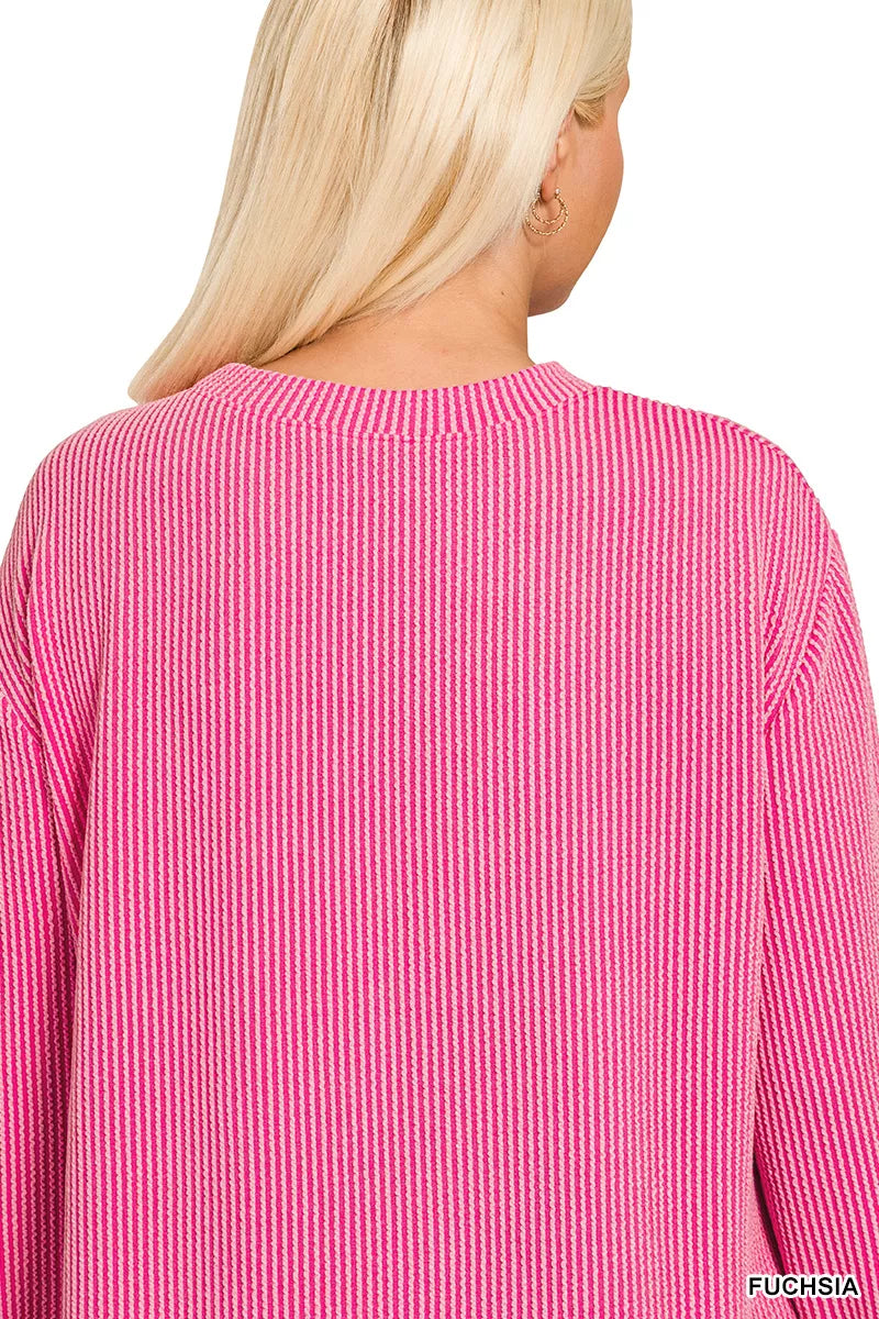 Zenana Full Size Raised Rib Round Neck Long Sleeve Top Plus Size Garden Naked Curves