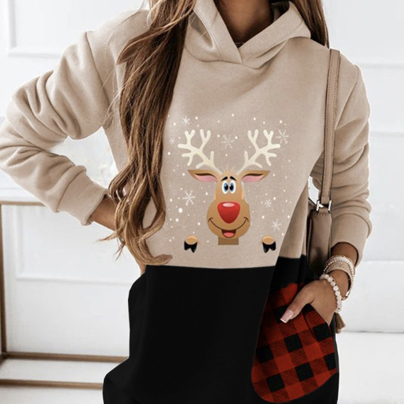 Women’s Deer & Plaid Hooded Sweatshirt Dress FitiqueFit