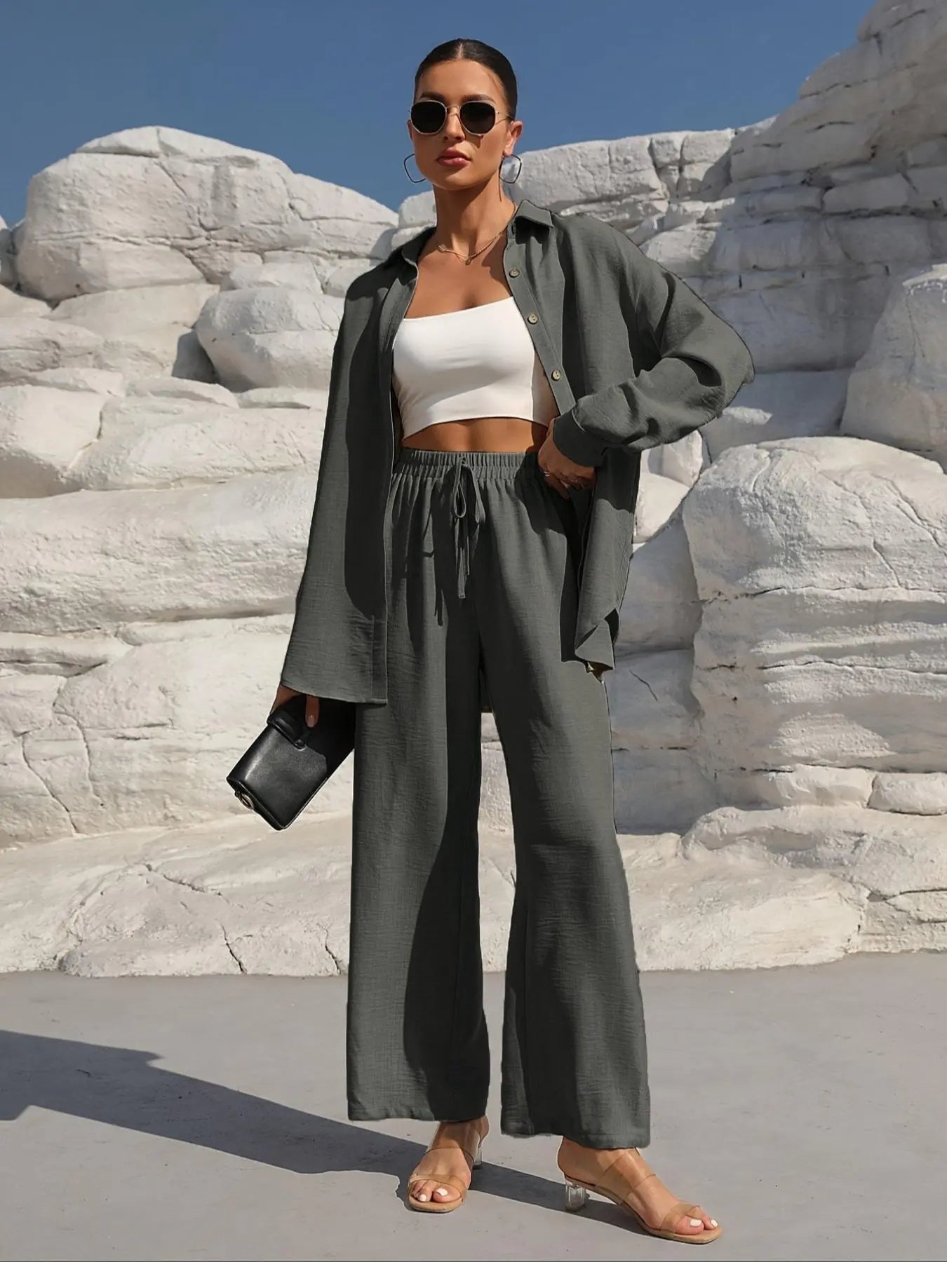Women'S Solid Collared Button Front Shirt & Tie Front Wide Leg Pants Two-Piece Set, Casual Drop Shoulder Long Sleeve Fitted Top & High Waist Trousers for Spring & Fall, Linen Set, Loose Pant Sets, Casual Matching Sets, Womenswear