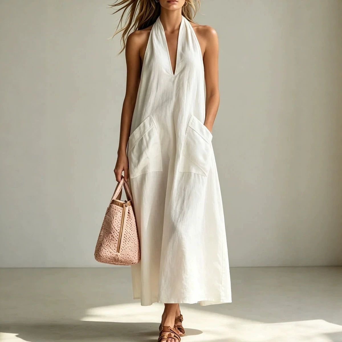 Cotton Halterneck Sleeveless Deep V-Neck Loose Straight-Line Dress FitiqueFit
