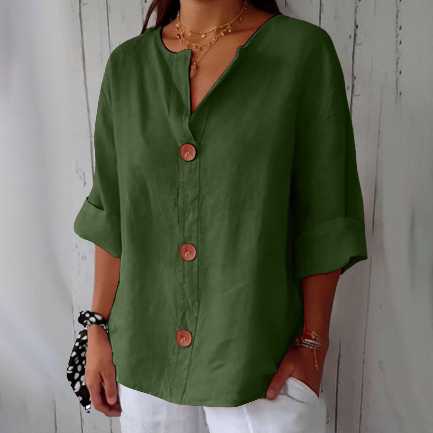 Women's V-Neck Cotton Linen Buttoned Blouse FitiqueFit
