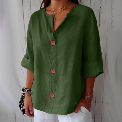 Women's V-Neck Cotton Linen Buttoned Blouse FitiqueFit