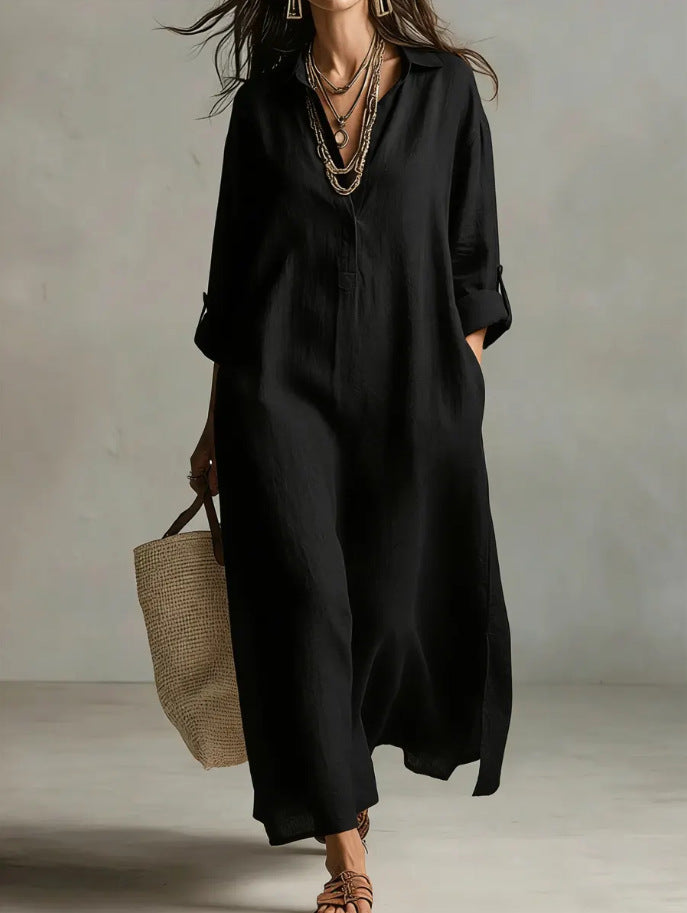 Women's Casual Long-Sleeve Linen Shirt Dress – Relaxed Fit FitiqueFit