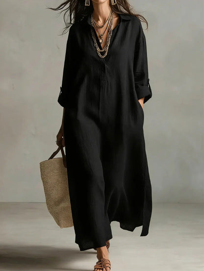 Women's Casual Long-Sleeve Linen Shirt Dress – Relaxed Fit FitiqueFit