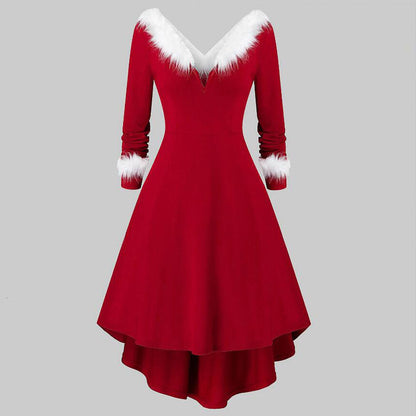 Christmas Women’s Fur Patchwork V-Neck Long-Sleeved Dress FitiqueFit