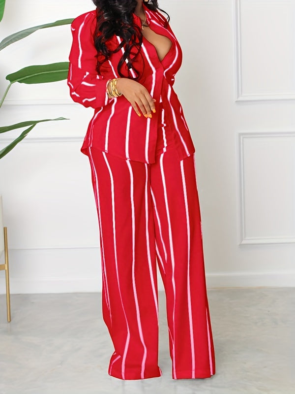 Women's Striped Print Two-piece Set - Button Front Collar Long Sleeve Shirt & High Waist Wide Leg Loose Pants Set - Casual Style - For Women - Perfect for Everyday Wear & Loungewear - Great Gift for Fashionable Women NovaCart
