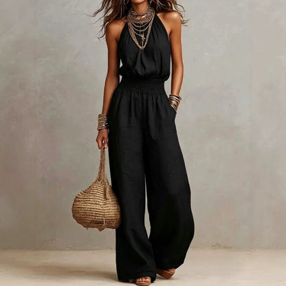 Women's Halter-Neck Backless Wide-Leg Jumpsuit – Solid Color Street Style FitiqueFit