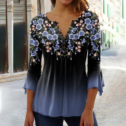 Women’s V-Neck 3/4 Sleeve Button-Front Tunic Blouse FitiqueFit