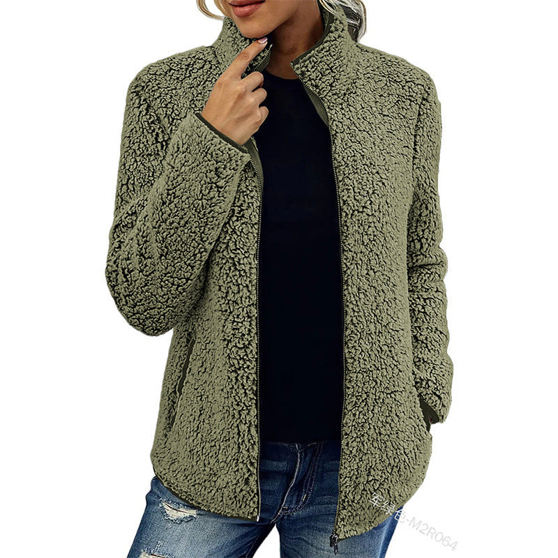 Fall Winter Warm Sweatshirt Stand Collar Solid Color Top Sweater Women's Casual Fashion Long Sleeve Zipper Bubble Velvet Coat Tops Grayceful LLC