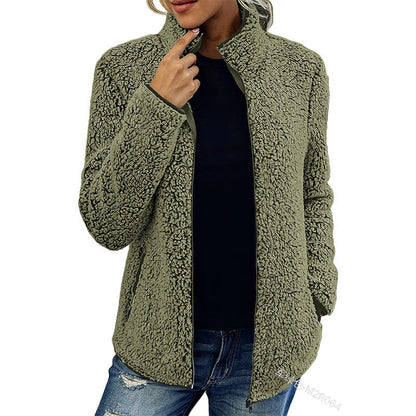 Fall Winter Warm Sweatshirt Stand Collar Solid Color Top Sweater Women's Casual Fashion Long Sleeve Zipper Bubble Velvet Coat Tops Grayceful LLC