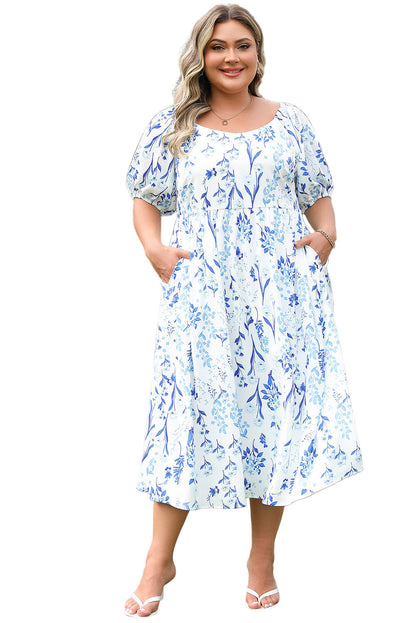Sky Blue Floral Print Sweetheart Neck Plus Size Midi Dress Garden Naked Curves