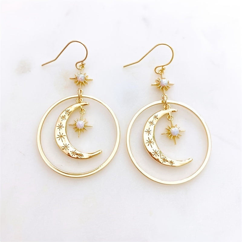 Elegant Boho-Chic Golden-Tone Moonstone Dangle Earrings for Women - Crescent Moon with Star Motifs, Zinc Alloy, Perfect for Daily Wear & Parties, Moon Earrings NovaCart