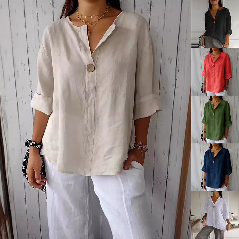 Women's V-Neck Long-Sleeve Button Top – Loose Fit Casual Blouse FitiqueFit