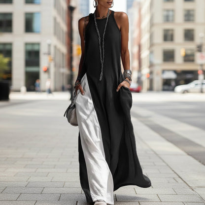Women's Sleeveless Loose Contrast Color Dress with Pockets FitiqueFit