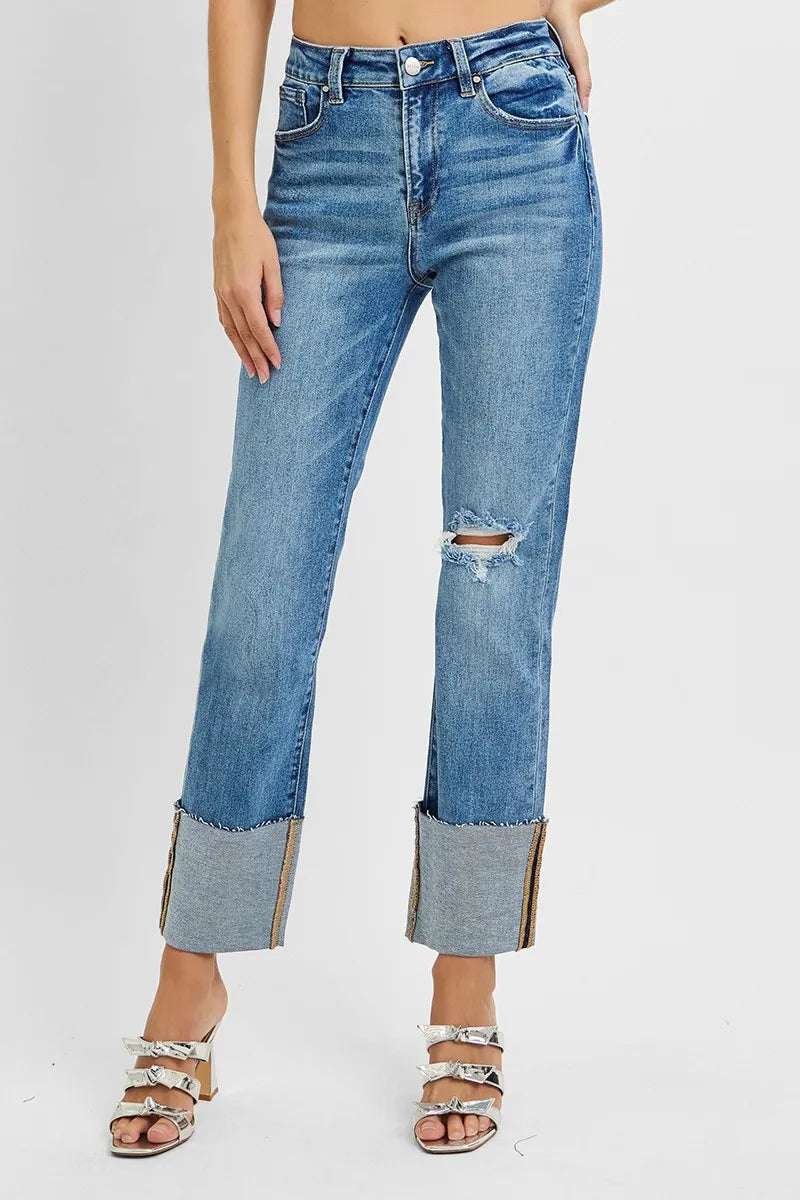 RISEN Full Size High Rise Ankle Straight Wide Cuffed Jeans Plus Size West2East Surf