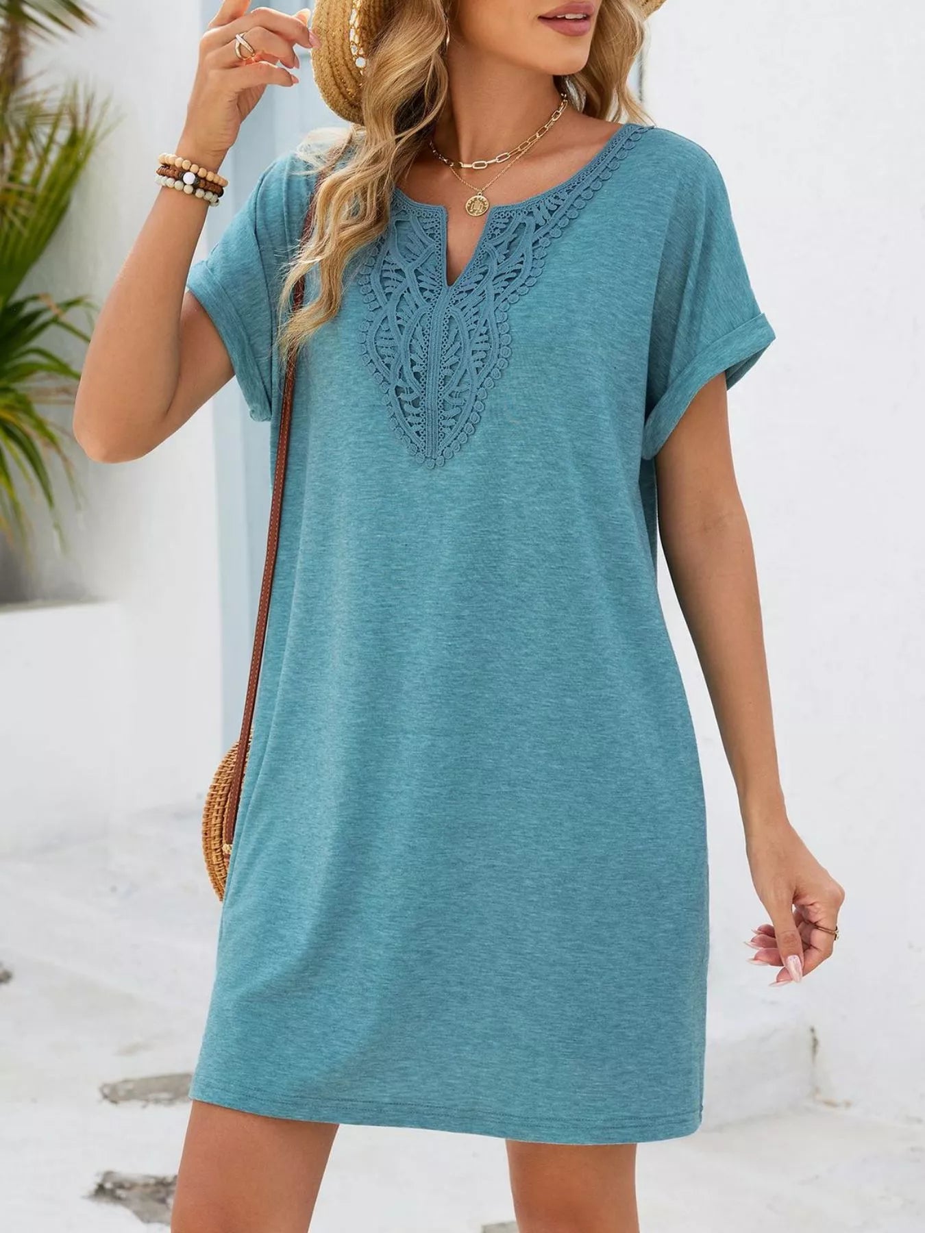 Lace Trim Notched Short Sleeve Dress New Era Fashion LLc