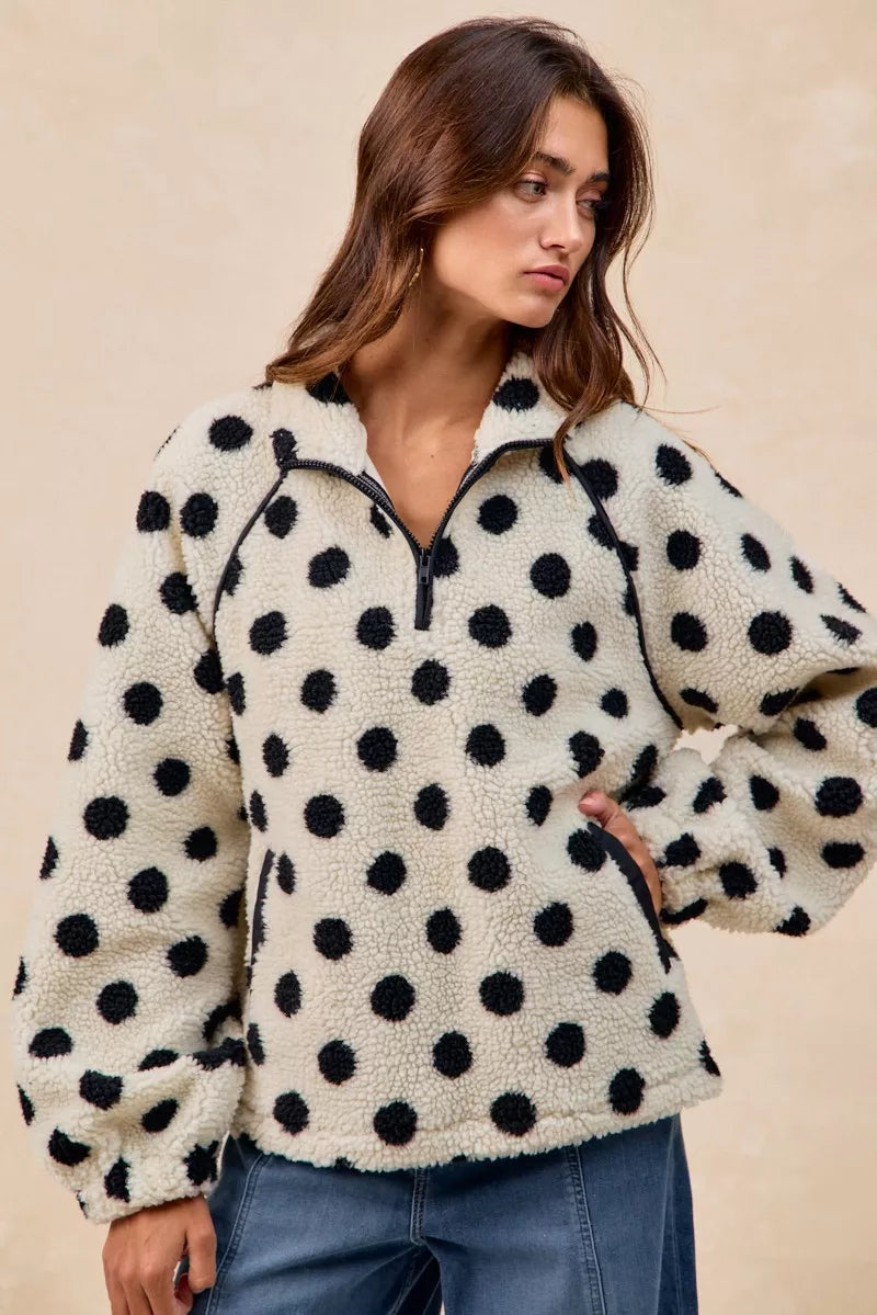 BiBi Polka Dot Sherpa Half Zip Up Top with Side Pocket FitiqueFit