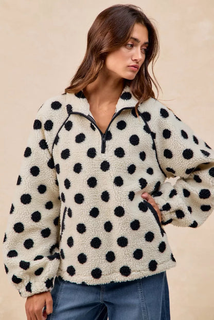 BiBi Polka Dot Sherpa Half Zip Up Top with Side Pocket FitiqueFit