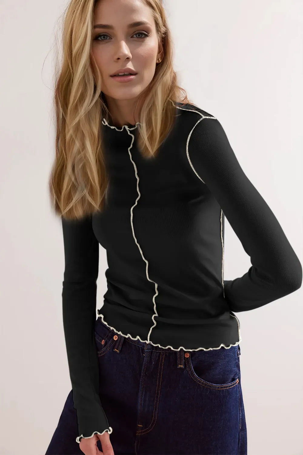 Basic Bae Contrast Trim Mock Neck Long Sleeve T-Shirt New Era Fashion LLc