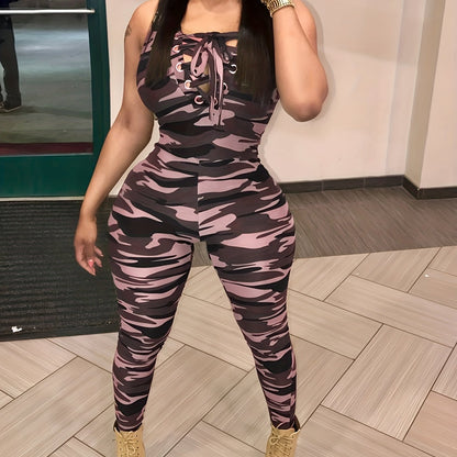 Women Overalls 2023 Spring Bodysuit Camouflage Print Bandage Womens Jumpsuits New Fashion Sexy Leoprard Rompers Pants Sleeveless 1pc Casual Bodysuit NovaCart