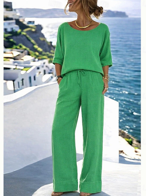 Women's Cotton Linen Resort Set – Short Sleeve Top & Wide-Leg Pants FitiqueFit